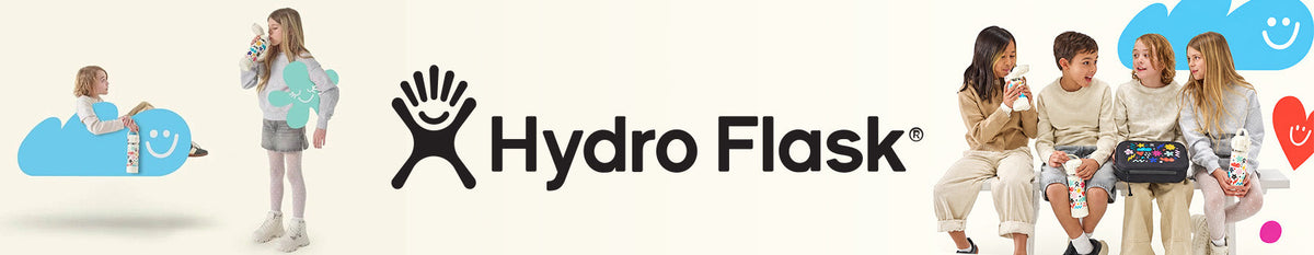 Hydro Flask collection banner with three insulated water bottles and friends outdoors