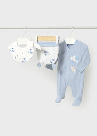 Mayoral Newborn Girl Bear Pajama with Hat and Bib Set - Sky