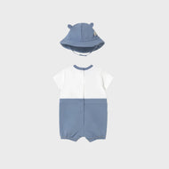 Mayoral Newborn Bear Print Simulated Dungaree Romper With Hat Riviera