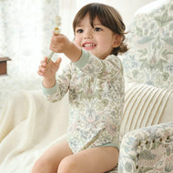 Nest Designs Bamboo Cotton Long Sleeve Kimono Onesie Strawberry Thief Slate Blue
