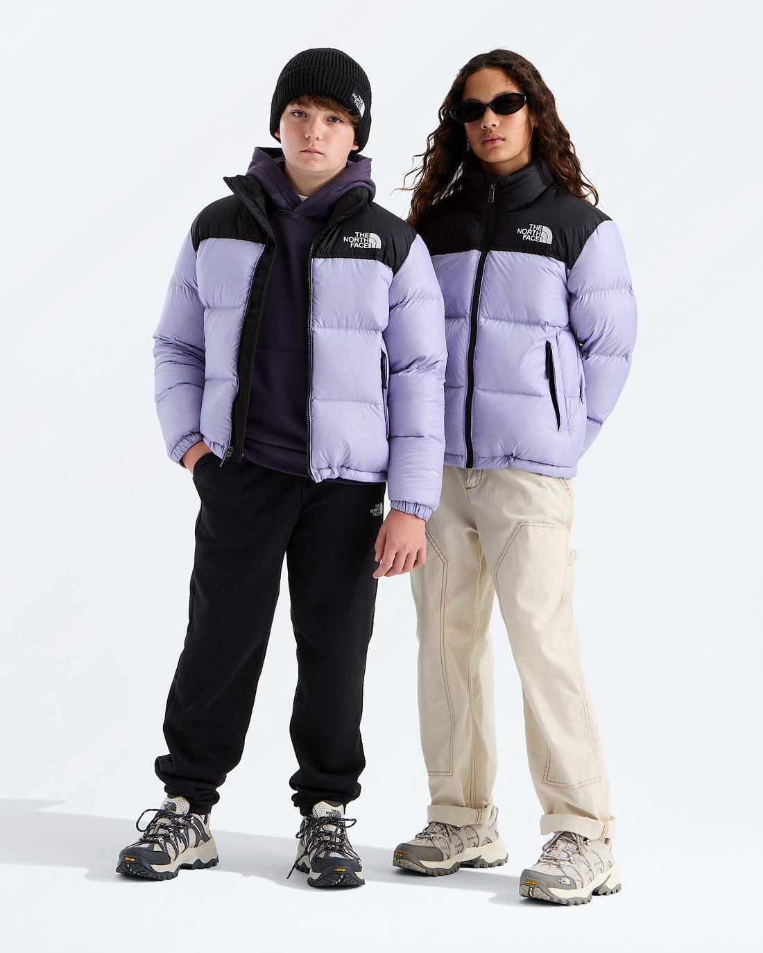 The North Face Boys’ & Girls’ 1996 Retro Nuptse Jacket in Pale Plum, two-model front view