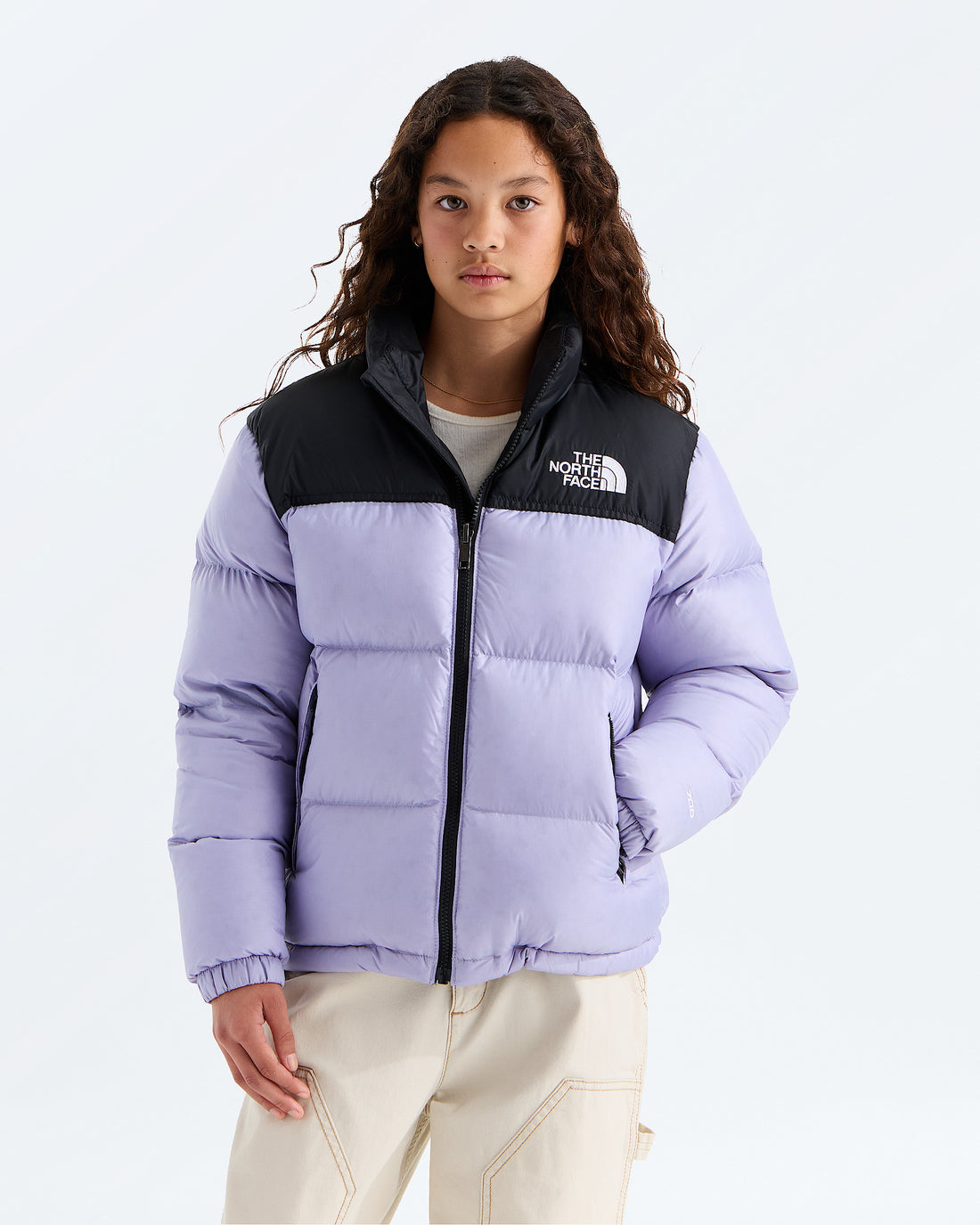 The North Face Boys’ & Girls’ 1996 Retro Nuptse Jacket in Pale Plum, front model view