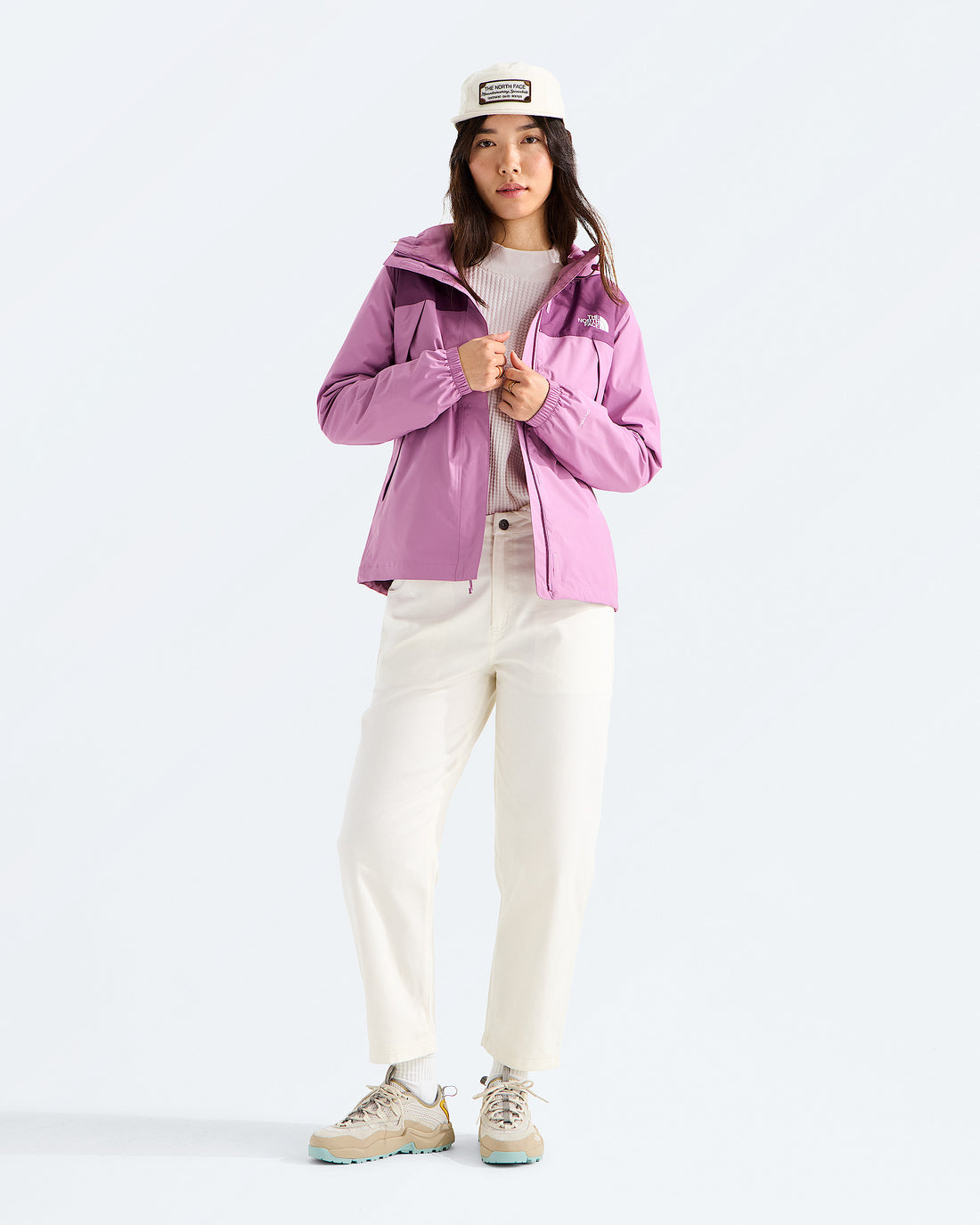 The North Face Women’s Antora Rain Jacket in Hushed Lavender / Chroma Purple, alternate front view