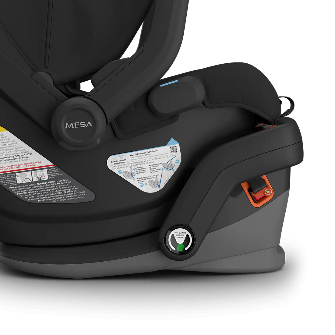 Side close-up of a Mesa infant car seat secured on the UPPAbaby Extra Base
