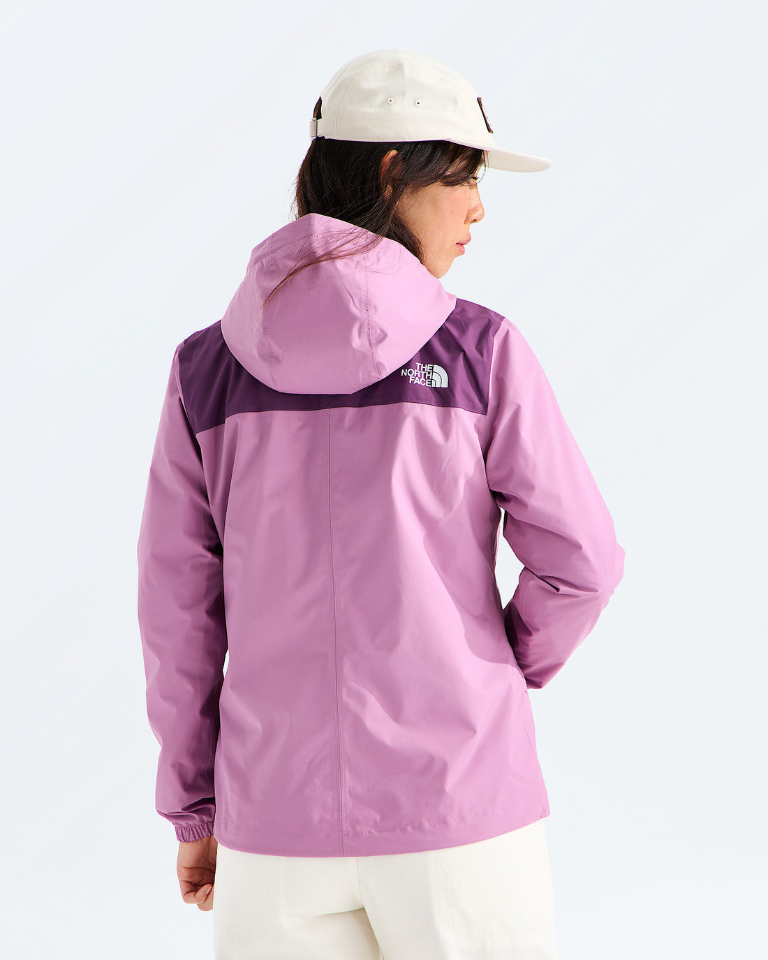 The North Face Women’s Antora Rain Jacket in Hushed Lavender / Chroma Purple, back view