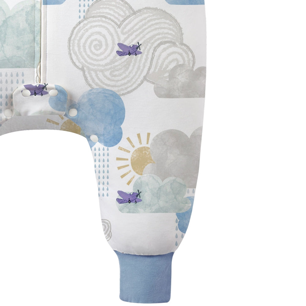 NEST DESIGNS Nest Designs 1.0 TOG Long Sleeve Footed Sleep Bag Fluffy Puffs watercolor clouds & airplanes print with white pom-pom img 6/6