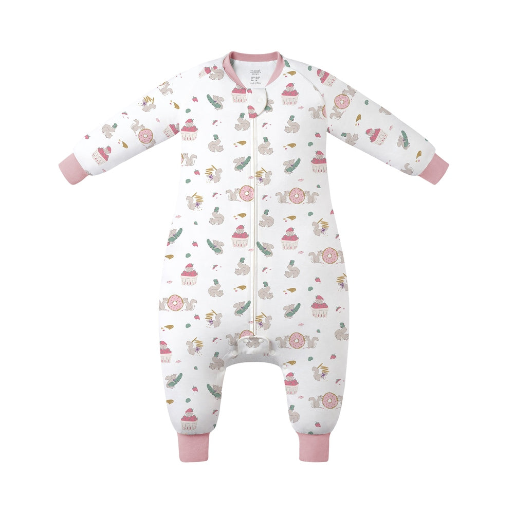 NEST DESIGNS Nest Designs 1.0 TOG Long Sleeve Footed Sleep Bag Very Squirrelly center zipper with pink ribbed cuffs and donut print img 1/5