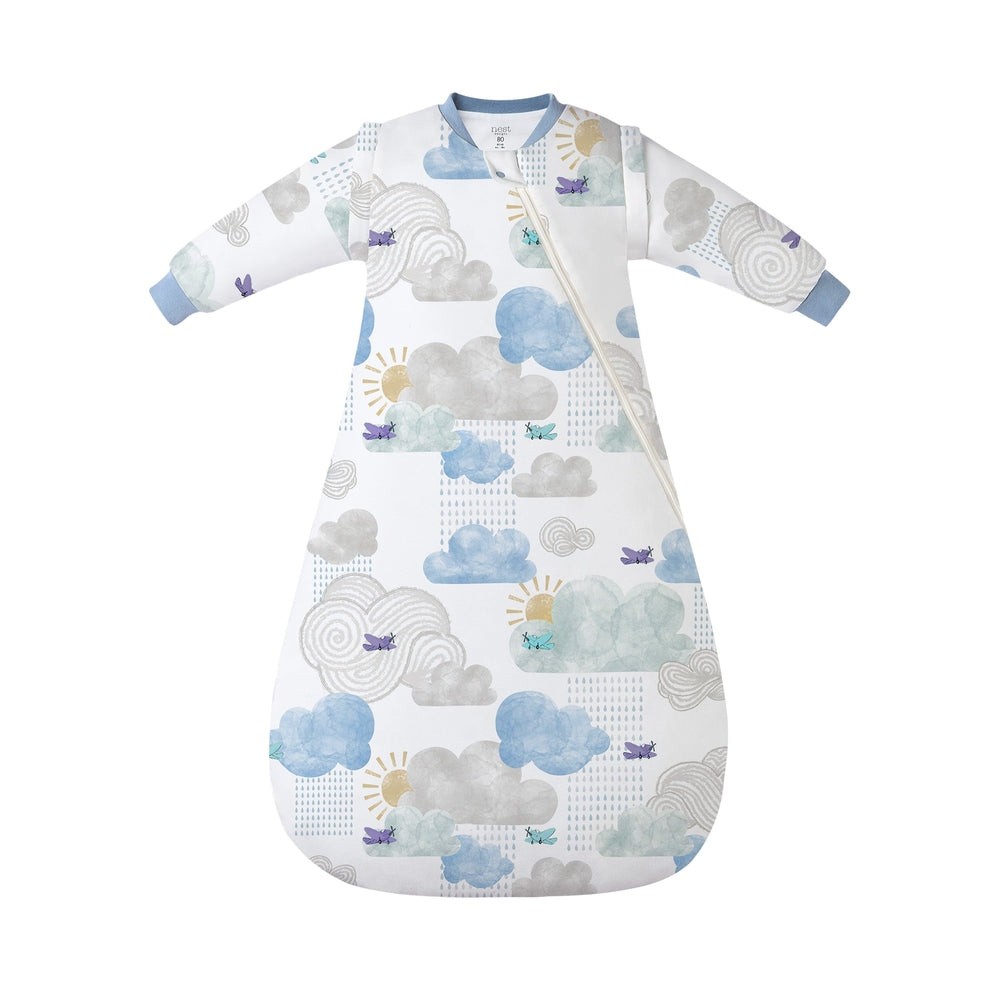NEST DESIGNS Nest Designs 1.0 TOG Removable Sleeve Sleep Bag Fluffy Puffs diagonal zipper closure with blue contrast trim at cuffs img 1/6
