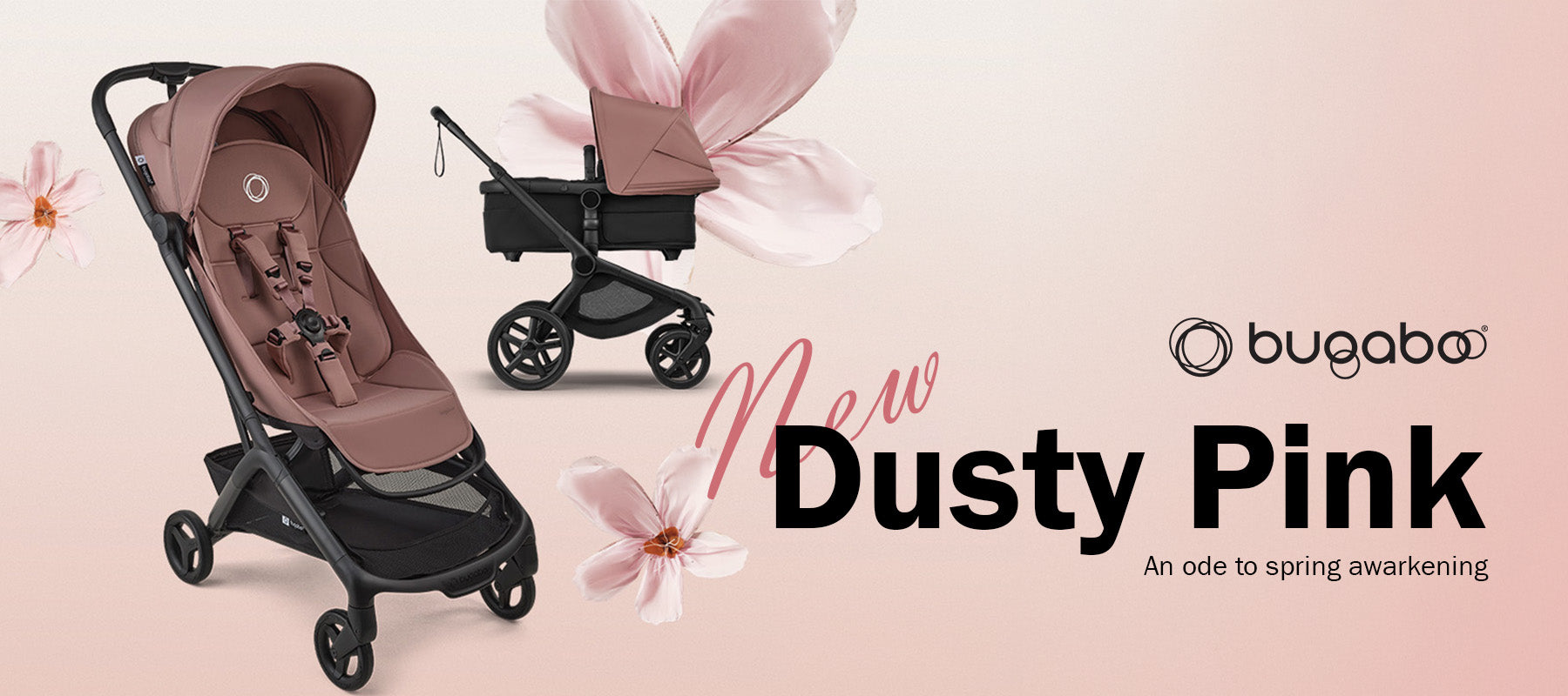Bugaboo Butterfly Dusty Pink compact stroller with matching bassinet lifestyle banner