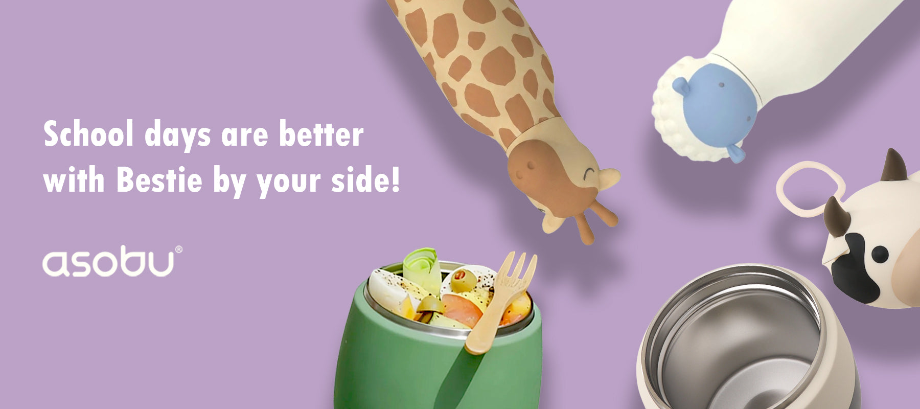 Asobu Bestie Bottles in Giraffe Sheep Cow and Green Food Jar Kids Lunch Gear