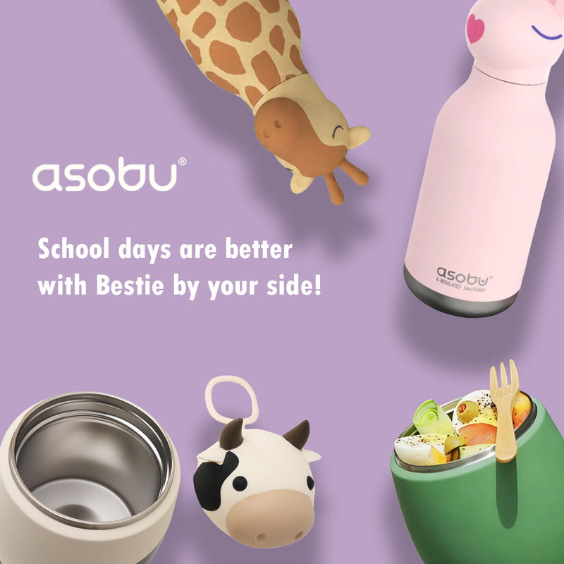 Asobu Bestie Bottles in Giraffe Pink Cat and Cow with Green Food Jar Vertical