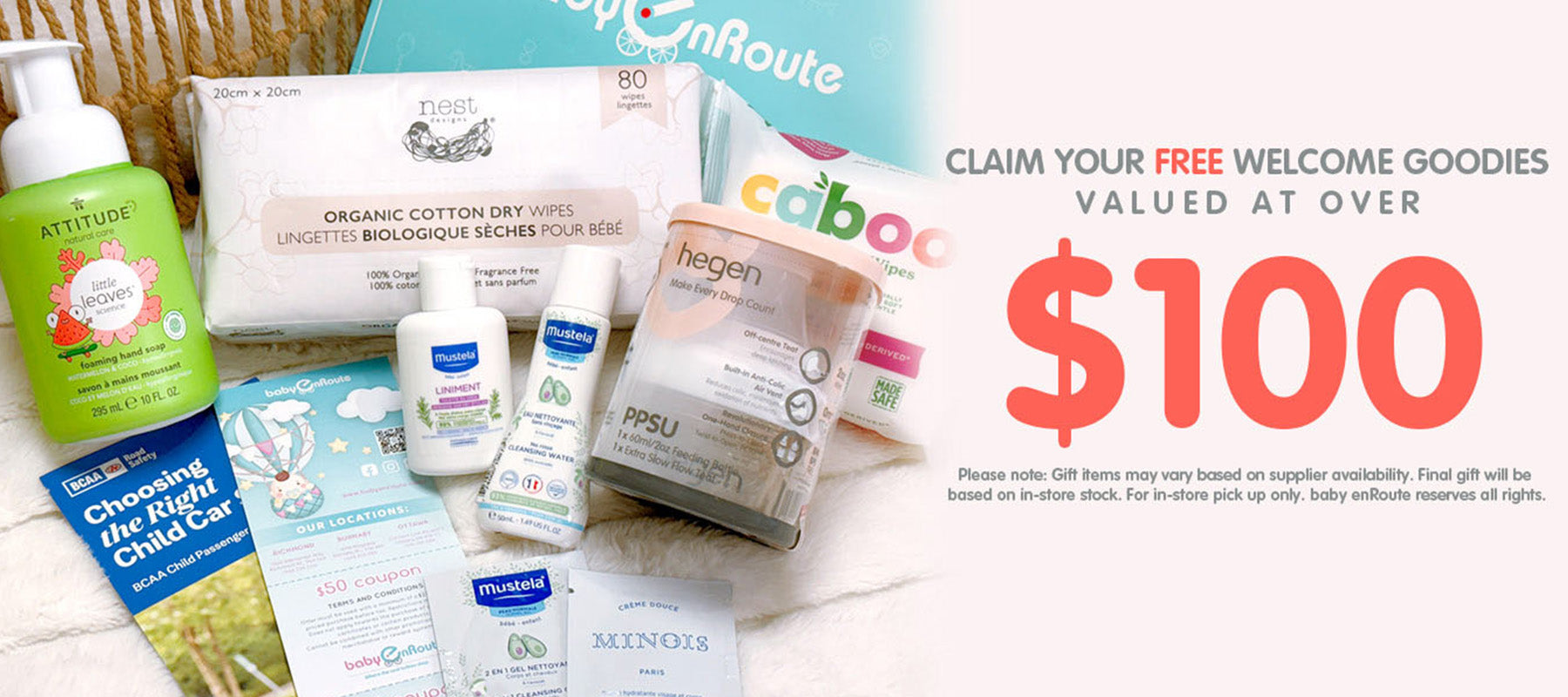 Baby enRoute baby registry free welcome goodies bundle with Hegen bottle, Mustela skincare, Attitude soap and baby essentials