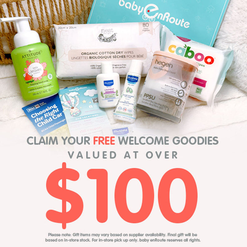 Baby enRoute baby registry free welcome goodies bundle with Hegen bottle, Mustela skincare, Attitude soap and baby essentials vertical banner