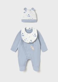 Mayoral Newborn Girl Bear Pajama with Hat and Bib Set - Sky