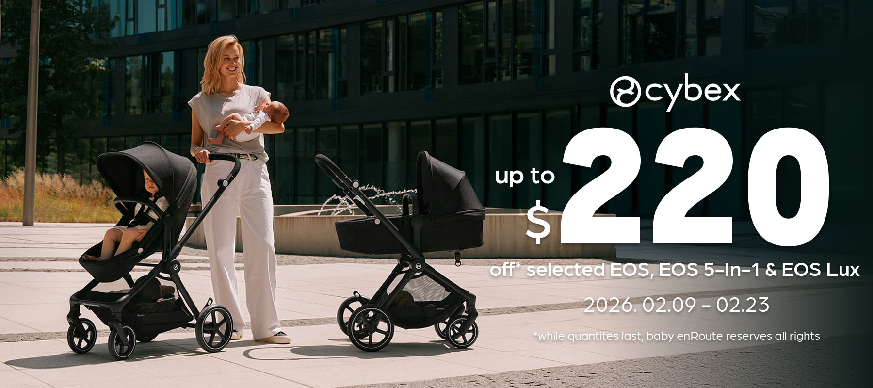 Cybex EOS stroller system with seat and bassinet shown outdoors during limited-time promotion