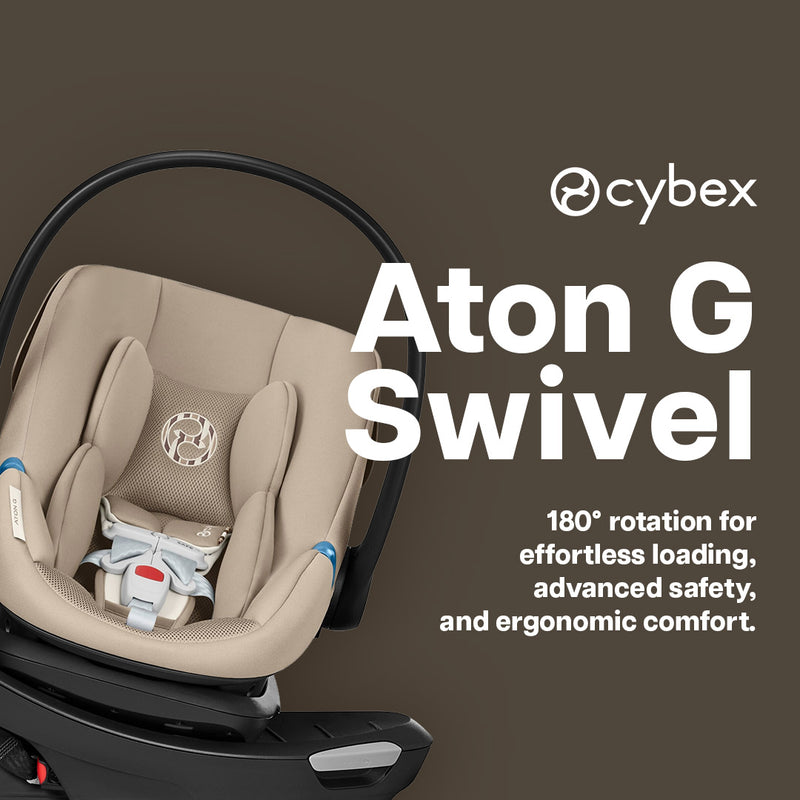 Cybex Aton G Swivel Infant Car Seat in Beige with 180° rotation base vertical view
