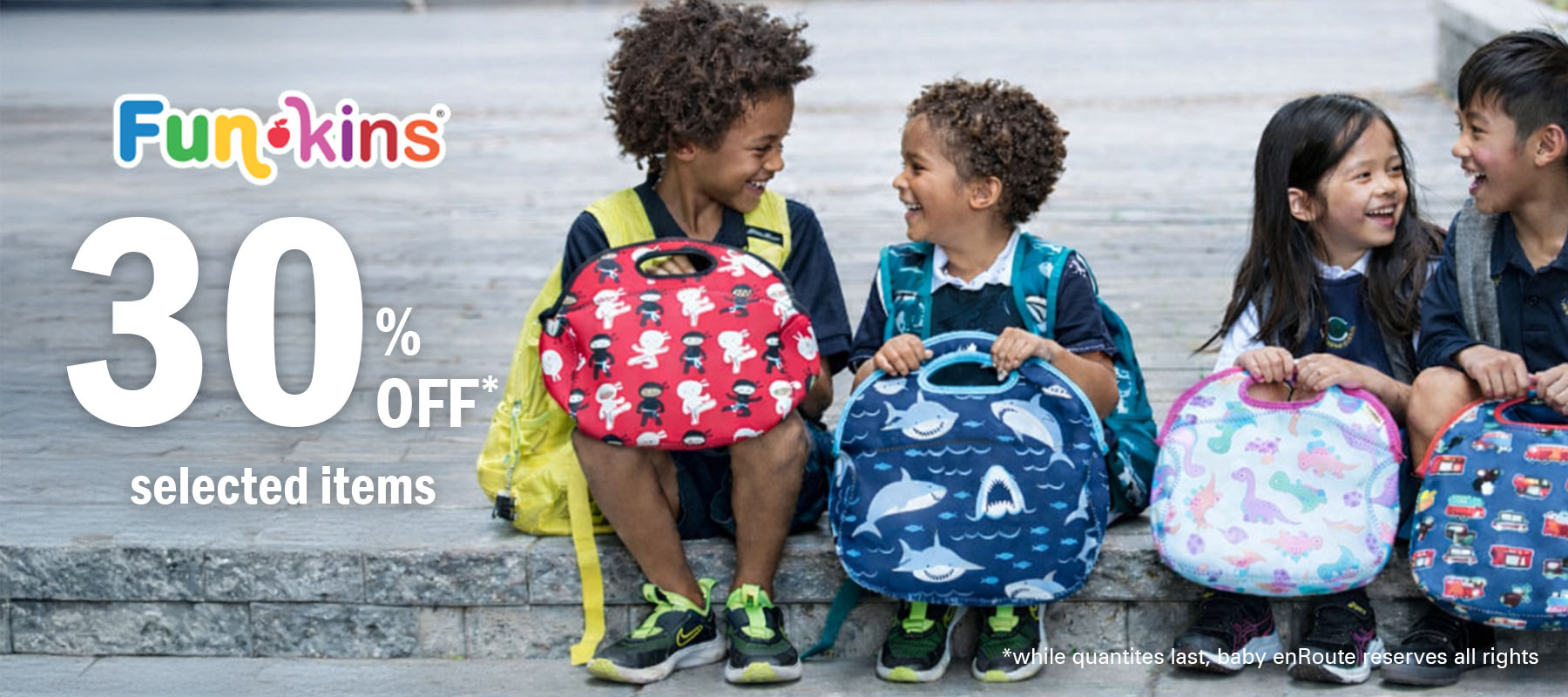 Funkins kids insulated lunch bags with playful prints held by children outdoor lifestyle banner