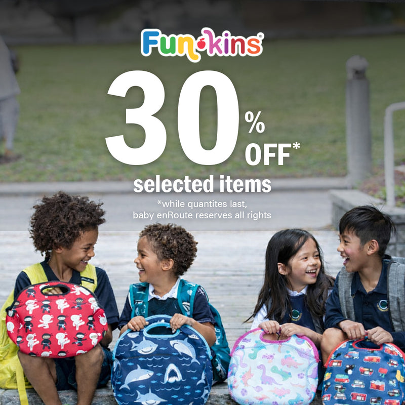 Funkins insulated lunch bags promotion with children showcasing colorful patterns and designs