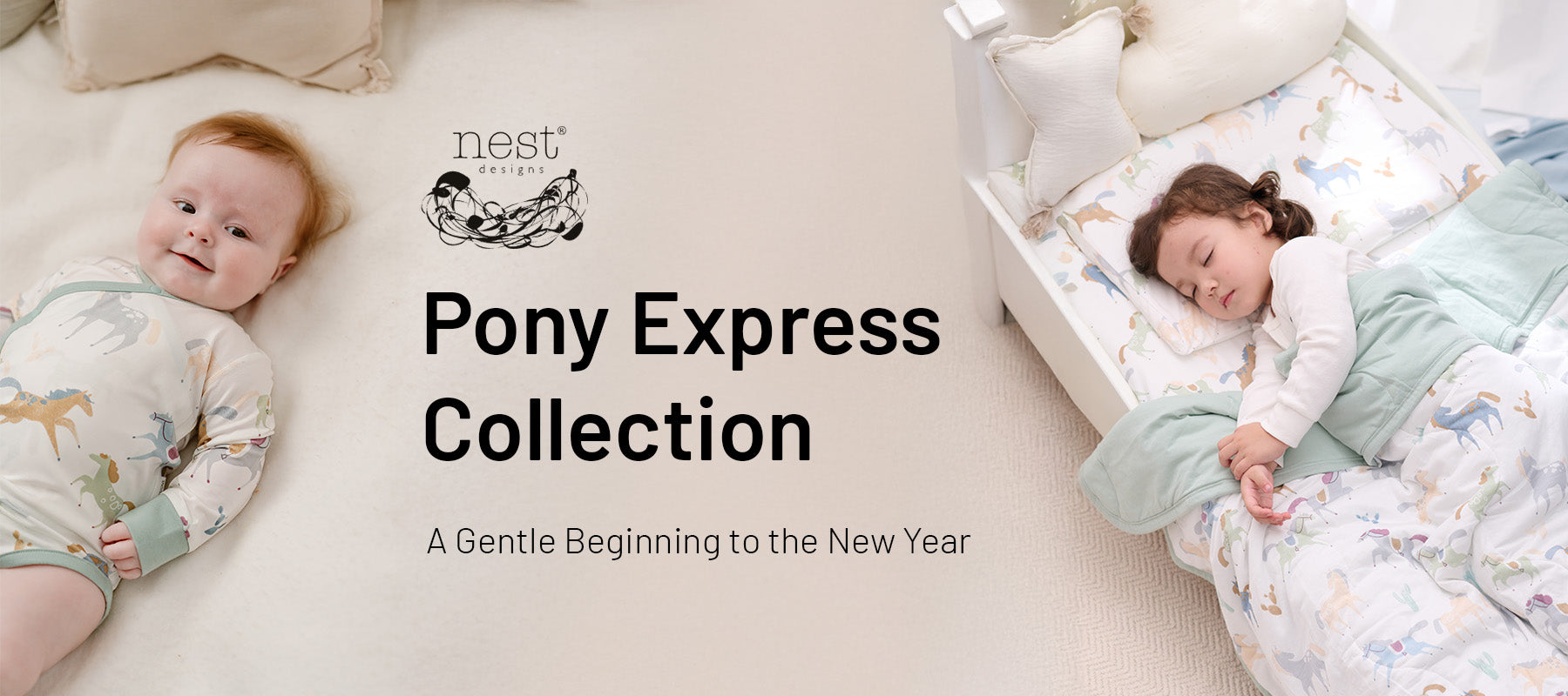 Nest Designs Pony Express Collection baby sleepwear and bedding with horse print new arrival lifestyle banner