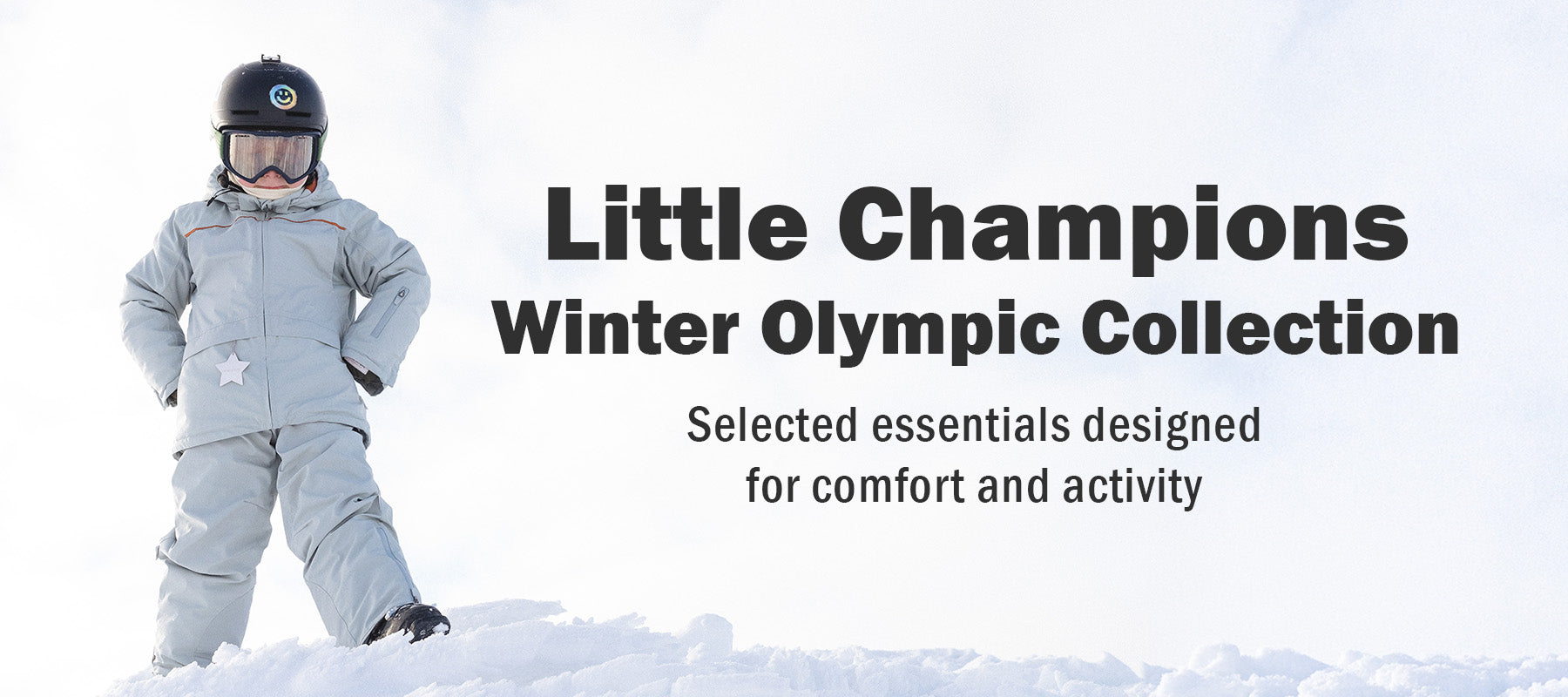 Little Champions Winter Olympic Collection kids snow suit worn on snowy slope lifestyle banner