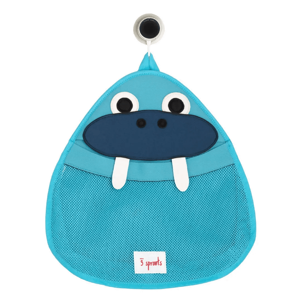 3 Sprouts Bath Storage hippo bag in blue with mesh toy pocket; hangs from a suction hook.