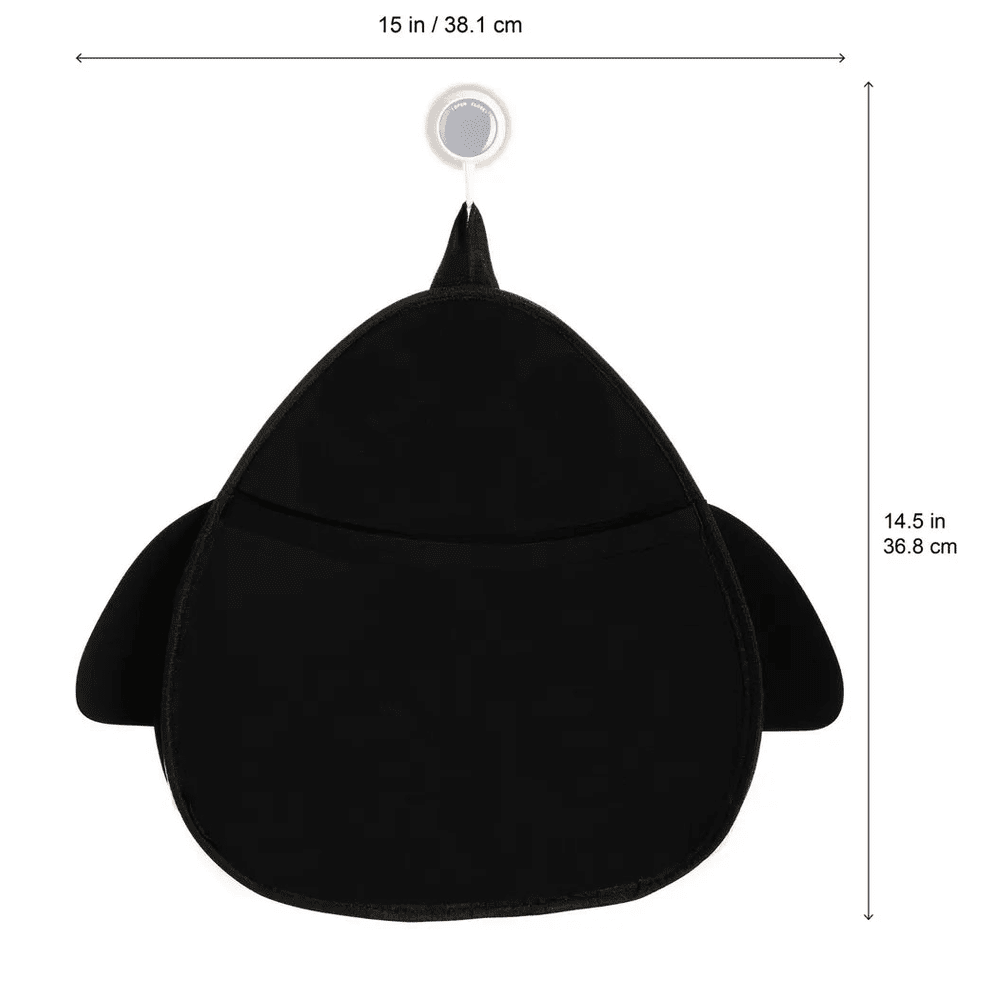 3 Sprouts Bath Storage shark-shaped bag in black with hanging hook, 15in wide.