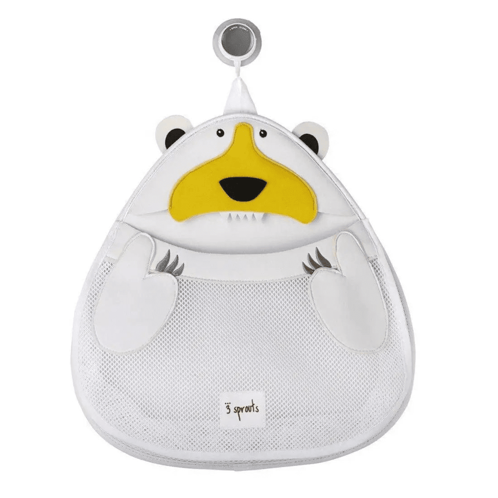 3 Sprouts Bath Storage bag shaped as a white bear with yellow snout, hanging hook and mesh front pocket