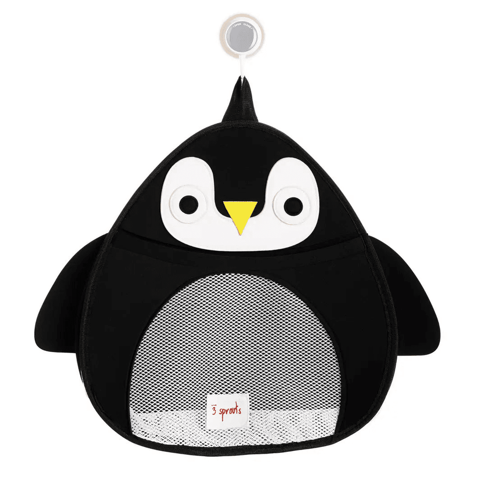 3 Sprouts Bath Storage penguin bag with mesh front pocket, hanging on a bathroom hook.