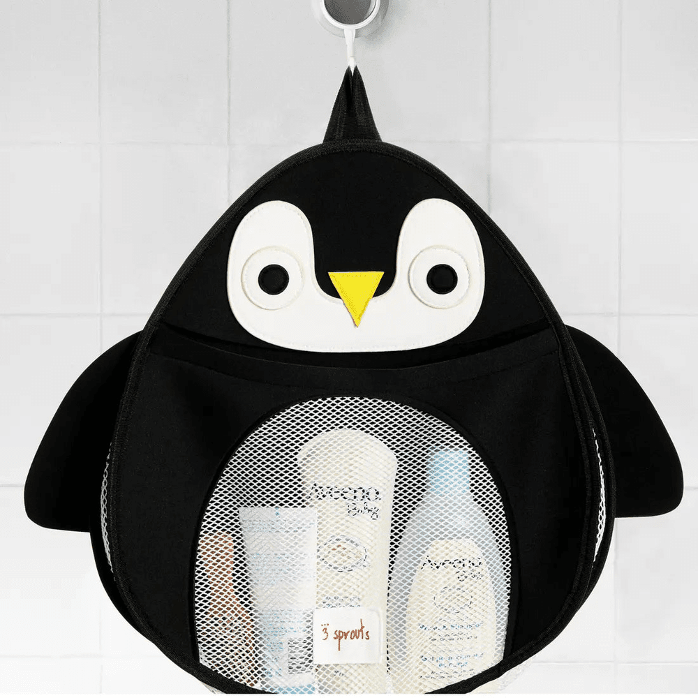 3 Sprouts Bath Storage penguin hanging organizer in black with white face and mesh front holding toiletries.