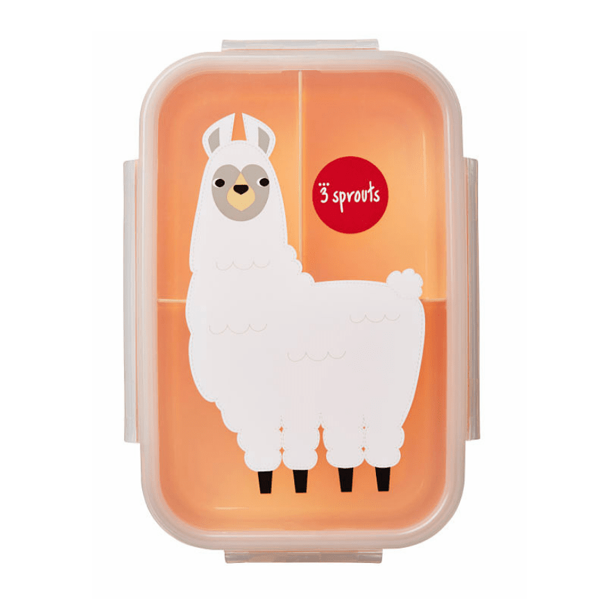 3 Sprouts bento lunch box with orange interior and white llama graphic