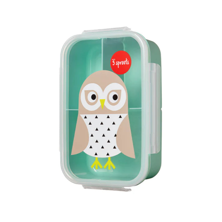3 Sprouts bento box with teal lid and owl illustration for kids' lunch