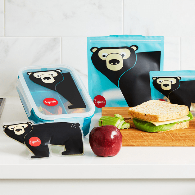 3 Sprouts bento box set with blue bear-logo lunch containers and sandwich bags, 4-piece