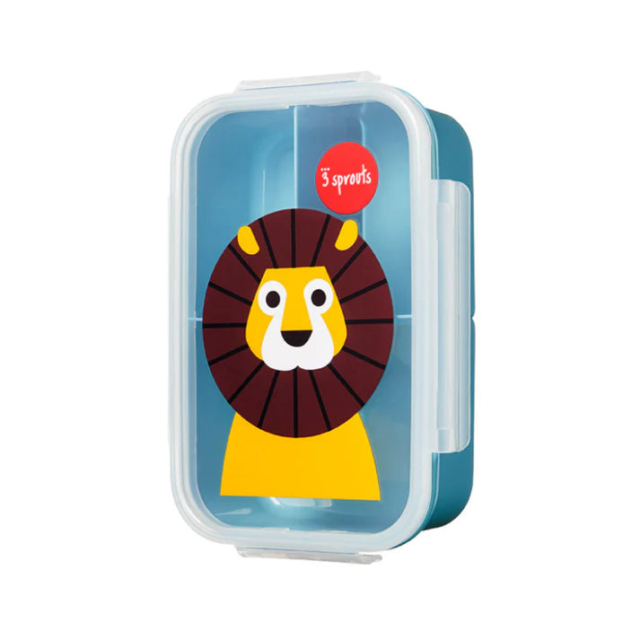 3 Sprouts bento box with blue lid and a lion graphic on the front