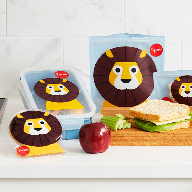 3 Sprouts Bento Box set: lion-face lids on blue containers with a sandwich bag