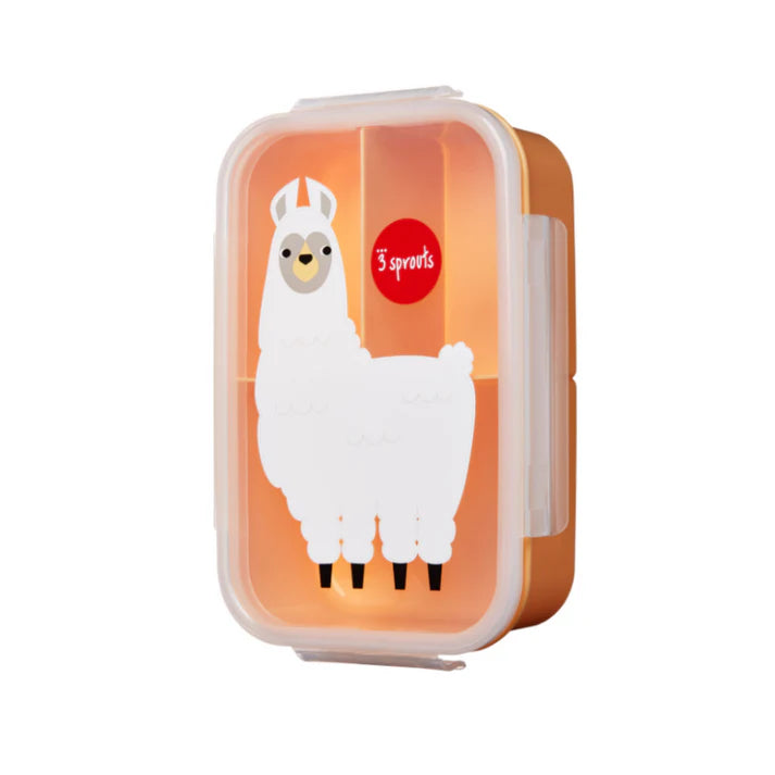 Bento box by 3 Sprouts with orange base and clear lid featuring a white llama illustration