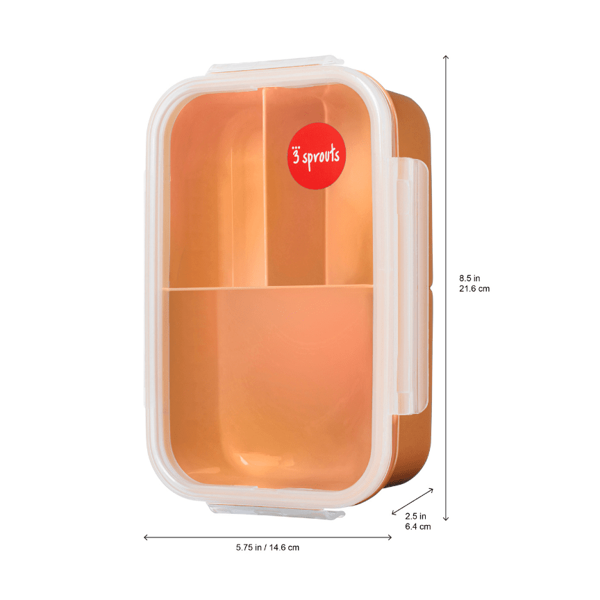 3 Sprouts bento box, orange with clear lid and divided compartments; brand logo visible