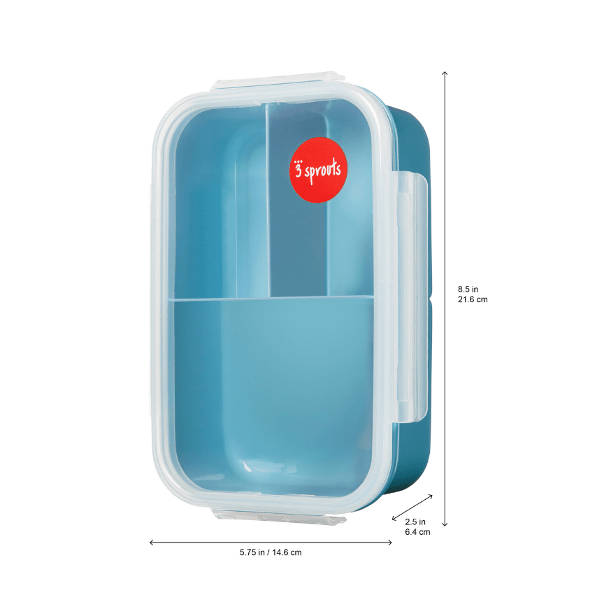 3 Sprouts Bento Box blue plastic lunch box with clear lid