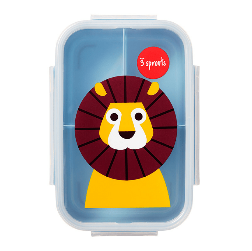 3 Sprouts bento box with blue lid and a lion illustration