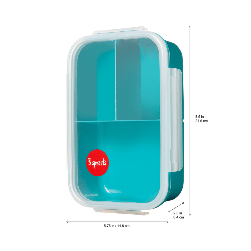 3 Sprouts bento box turquoise lunch box with clear lid and internal dividers