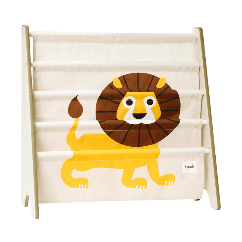 3 Sprouts book rack in cream fabric with a lion print, wooden frame