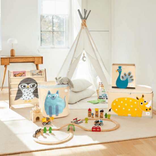 3 Sprouts book rack in a cozy toddler playroom with animal-print bins and a teepee