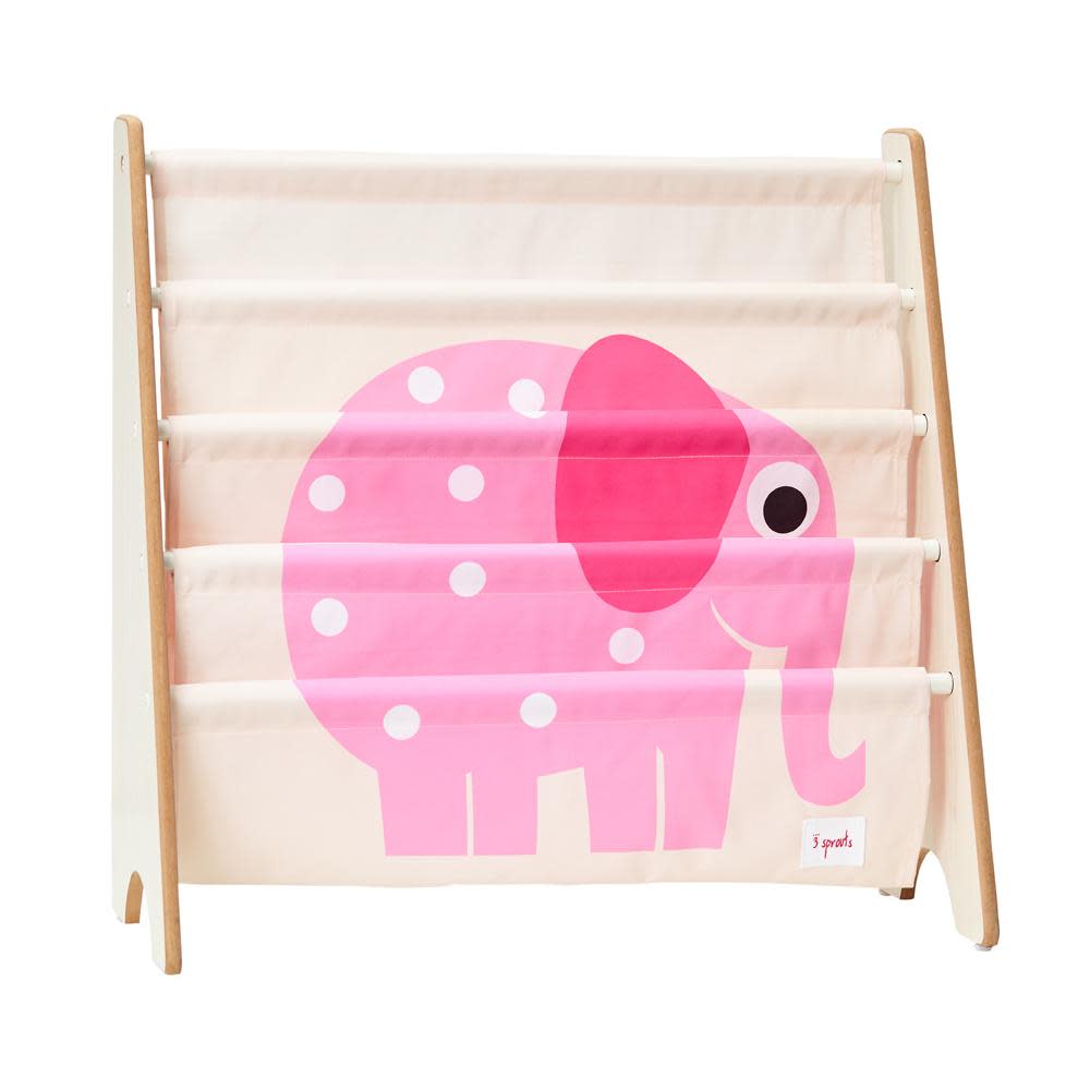 3 Sprouts book rack with pink elephant print fabric and light wood frame.
