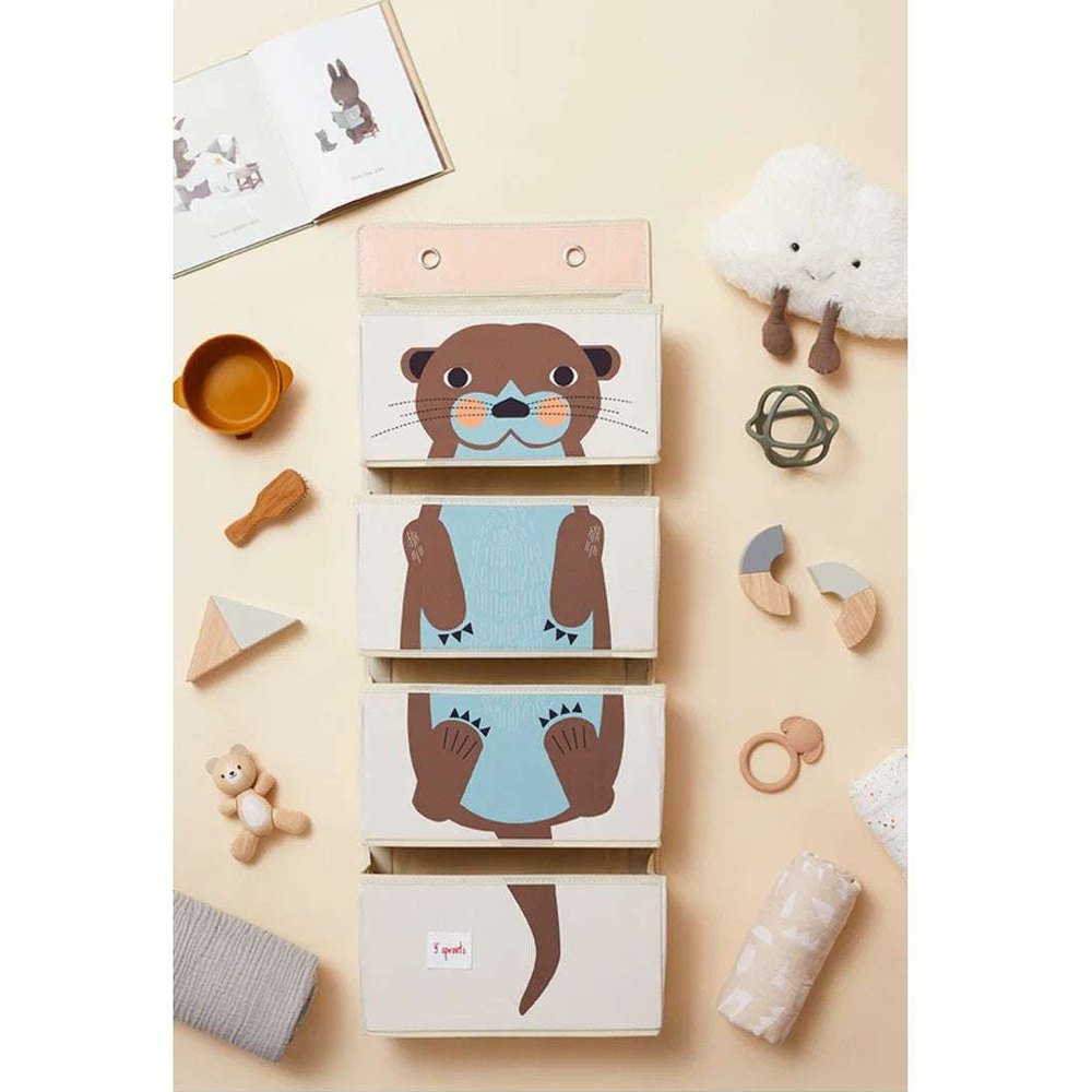 3 Sprouts hanging wall organizer with four bear-themed boxes in brown and blue