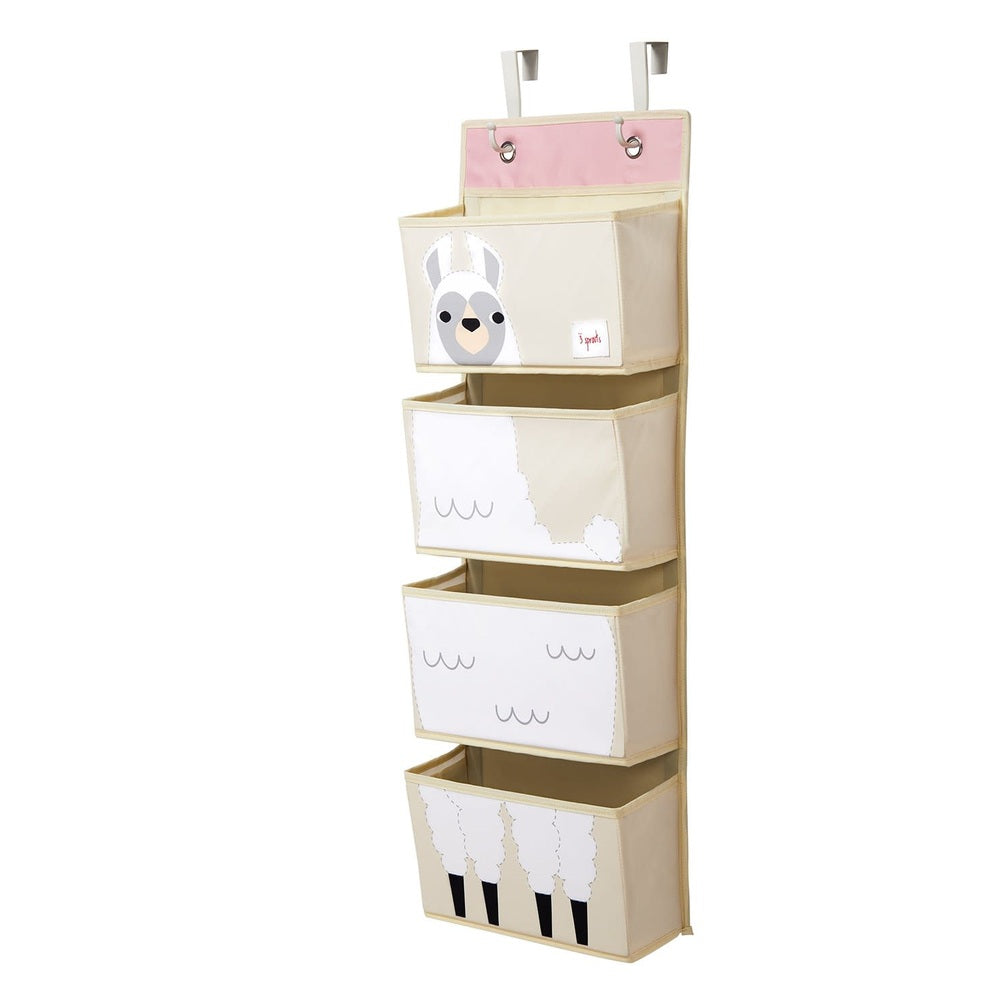 3 Sprouts hanging wall organizer with five beige fabric bins featuring animal faces and white panels