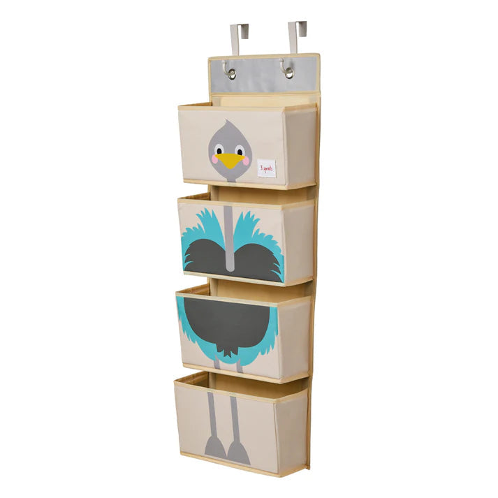 3 Sprouts hanging wall organizer with four beige fabric bins displaying teal bird graphics