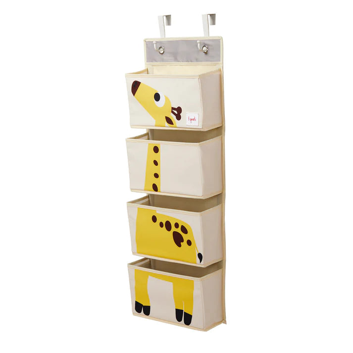 3 Sprouts Hanging Wall Organizer with five cream and yellow giraffe-print fabric bins for nursery storage