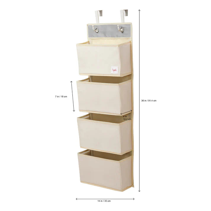 3 Sprouts hanging wall organizer with five beige fabric bins for wall-mounted nursery storage.
