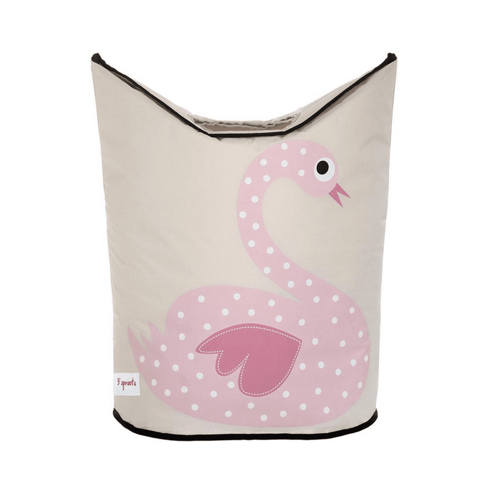 3 Sprouts laundry hamper featuring a pink polka-dot flamingo on beige fabric