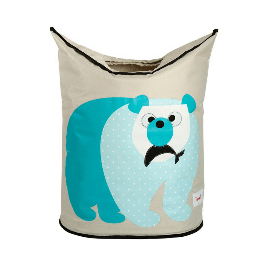3 Sprouts laundry hamper featuring a blue polar bear print on beige fabric with black trim