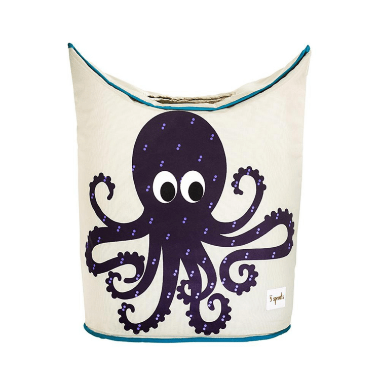 Laundry hamper by 3 Sprouts with navy purple octopus print on cream fabric and teal trim